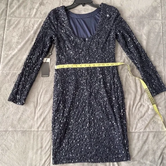 Adrianna Papell Long Sleeve Sequin Cocktail Bridesmaid Dress, Navy Size (4)